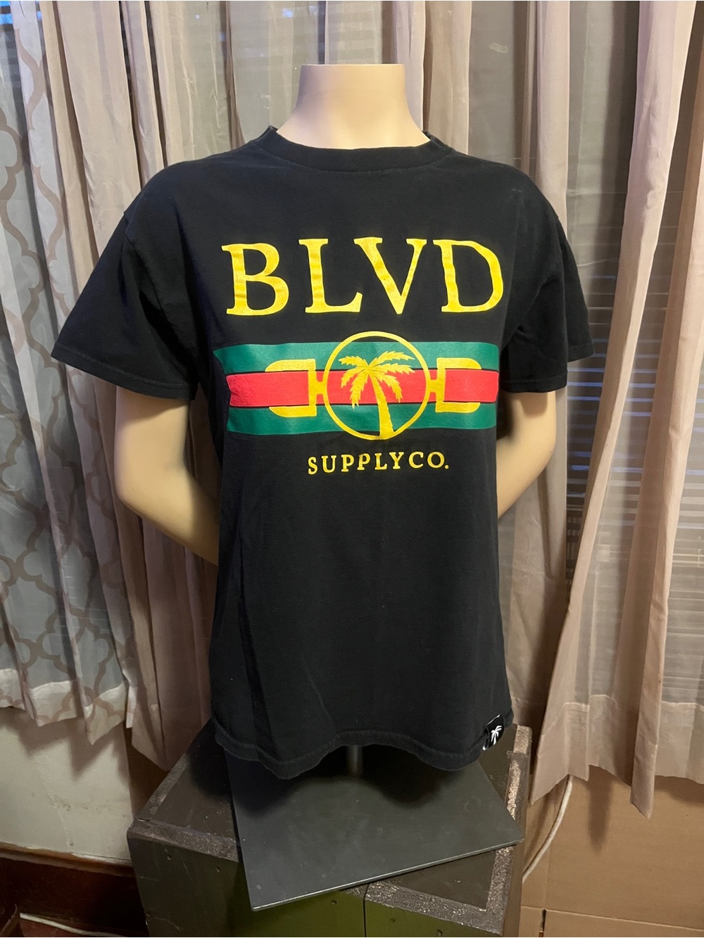 BLVD Black Tee with Yellow, Green & Red Palm Graphic